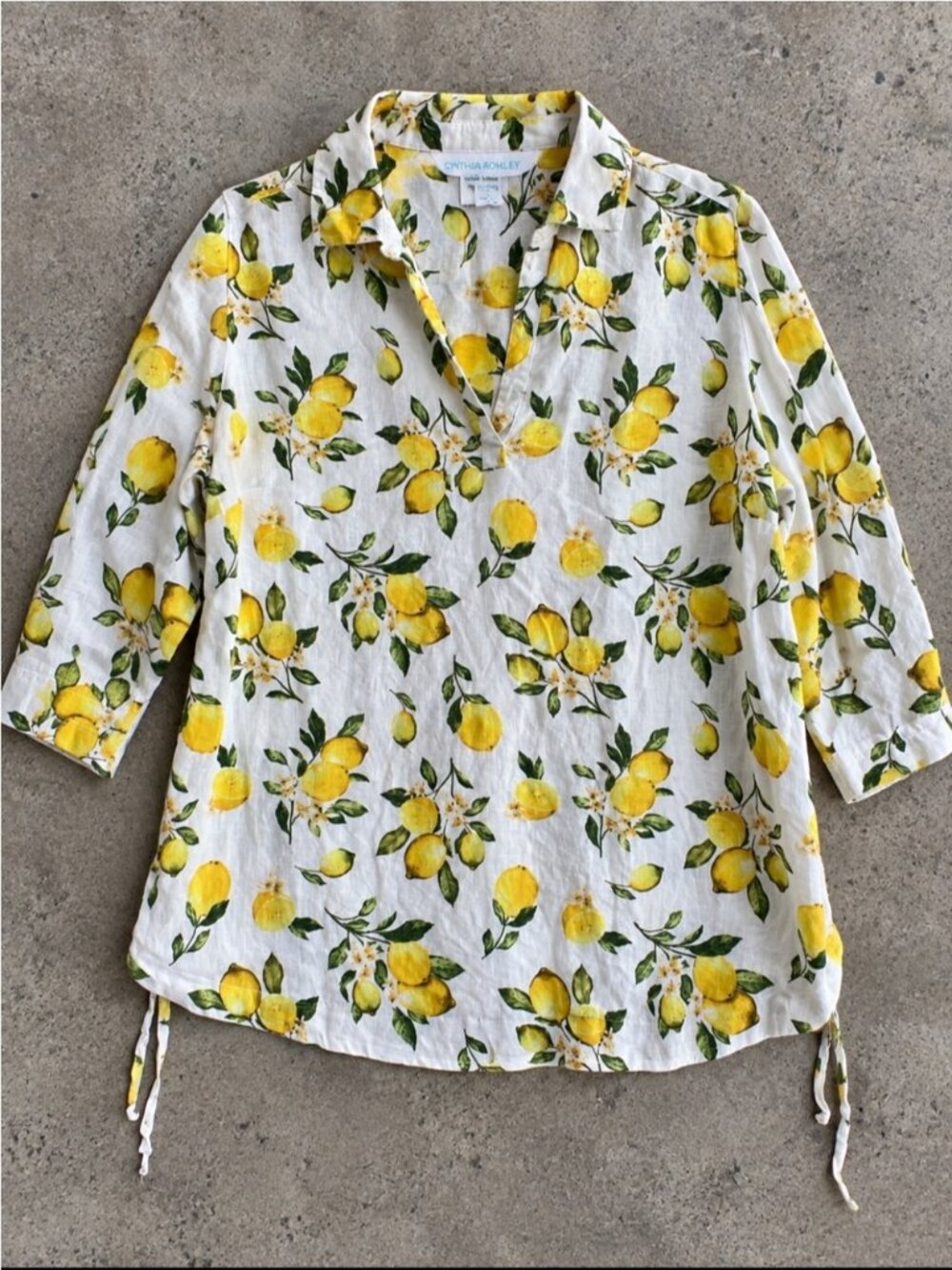 Cynthia Rowley 100% Linen Lemon Print Tunic Blouse Woman 1X 3/4 Sleeve Quirky